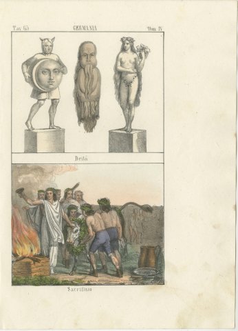 Ancient Germanic Deities and a Sacrifice, Partially Hand Colored, 1842, view 2