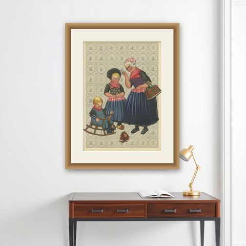 Charming Gelderland Costumes from Nunspeet and Hierden in Holland, ca. 1932, shown framed on a wall
