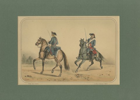 Two Spanish Cavalrymen in Tricorn Hats, Villegas Lithograph, Madrid, 1861, view 2