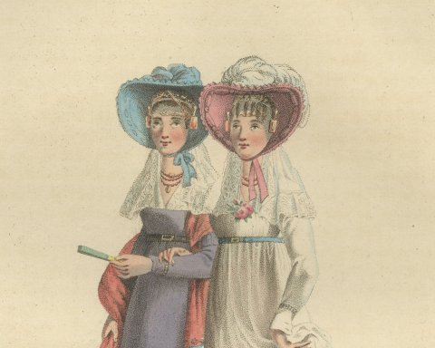 The Promenade, Two Young Women, Dutch Costume Print, 1811, close-up 1