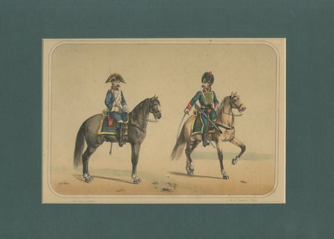 Spanish Cavalry Lithograph by José Villegas: Dragoon and Hussar, 1861