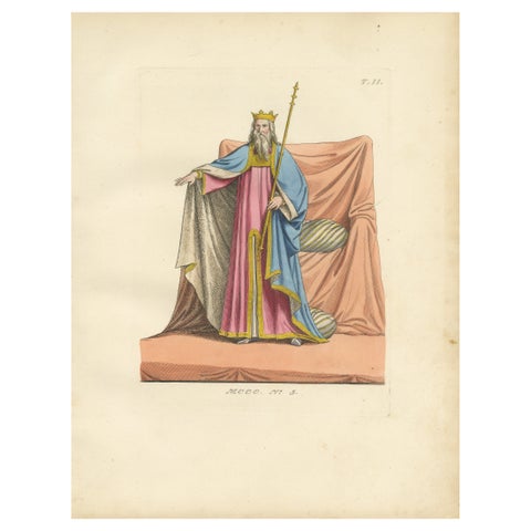 Antique 1845 Hand-Colored Print of a Medieval King in Regal Robes with Scepter