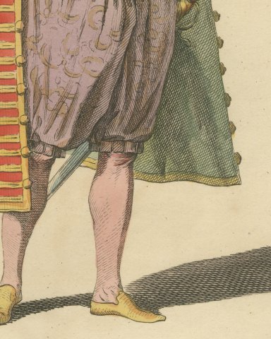 French Gentleman in 1581 with a Braided Red Coat, Jefferys Costume Plate, 1757, close-up 3