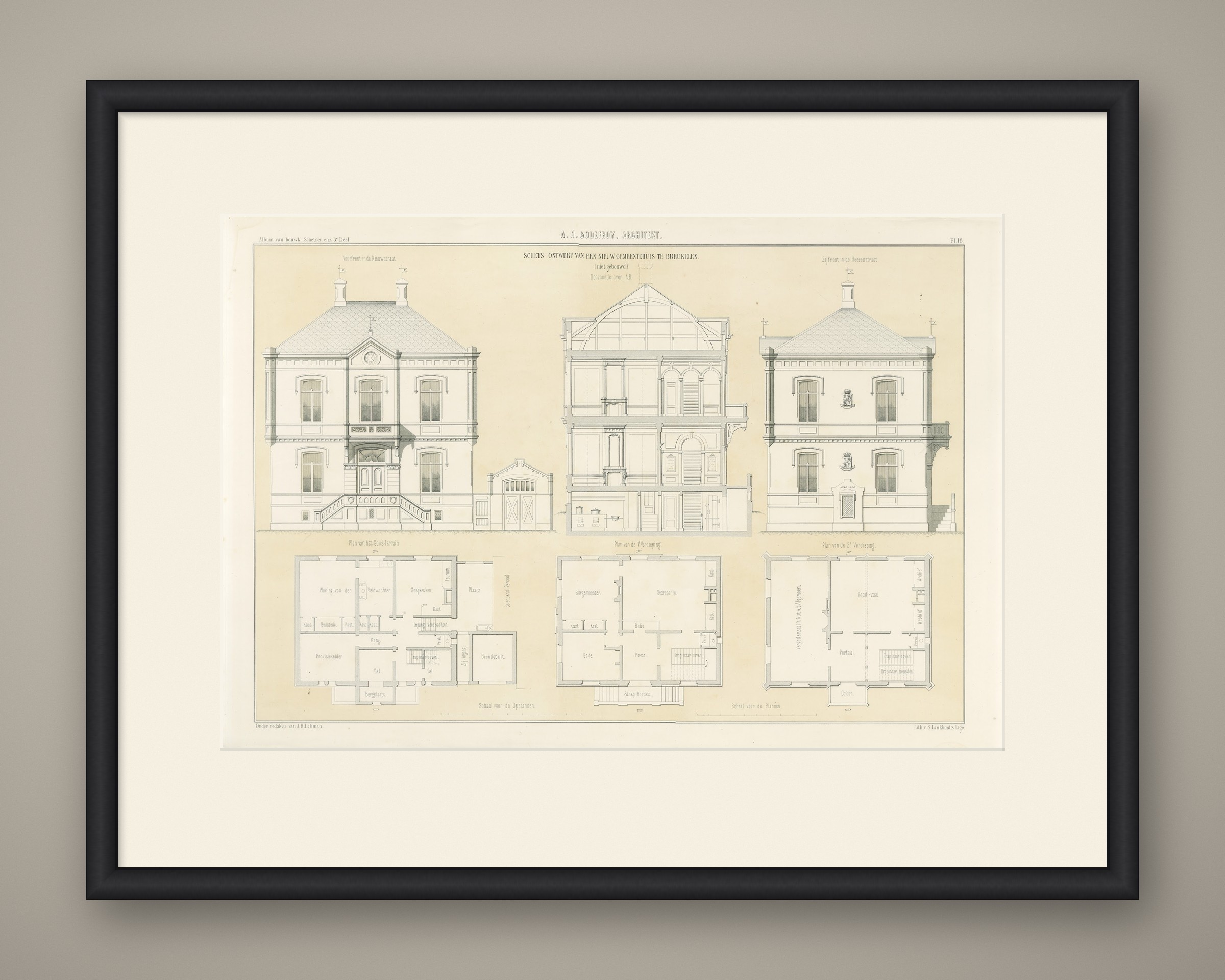 Unbuilt Breukelen Town Hall Design, Dutch Architecture Print, Leliman, 1865-1866, shown framed