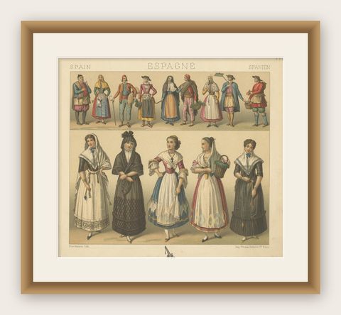 Antique Print of Spanish Costumes by Racinet, 'circa 1880', shown framed