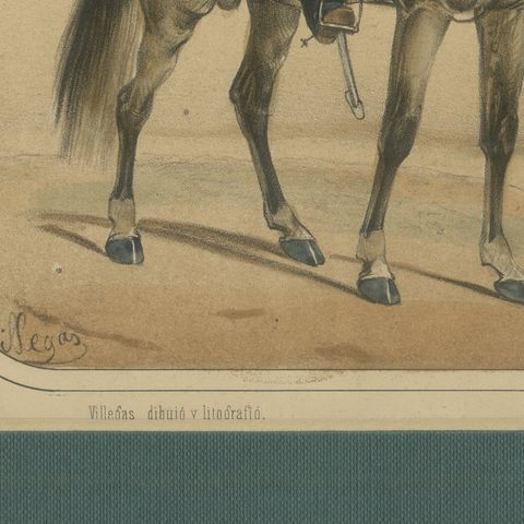 Spanish Cavalry Lithograph by José Rubio y Villegas: Cuirassier and Lancer, 1861, close-up 4
