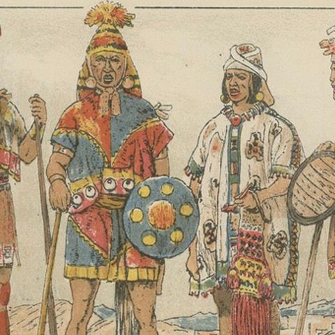 Inca Empire Costumes, Antique Lithograph of Inca Clothing, Max Tilke c.1880, close-up 4