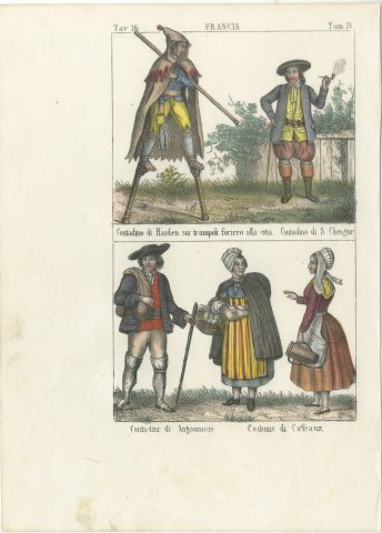Stilt Walker of Haiden and French Peasants, Hand Colored Lithograph, 1842, view 2