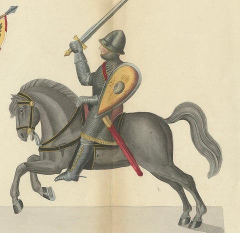 19th-Century Hand-Coloured Print of Armed Horsemen Bearing a Heraldic Banner, close-up 3