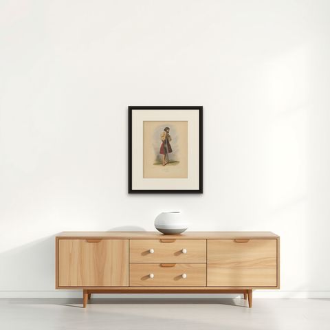 Antique Costume Print 'Mac Dugal' "Scotland" by L. Dickinson, circa 1847, shown framed on a wall