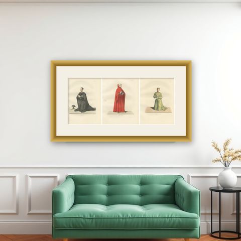 Costumes of a Knight, a Poet, and a Muse from Medieval Italy, Published in 1845, shown framed on a wall
