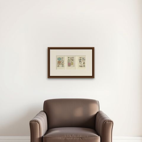 Set of Three Antique East Asian Costume & Arms Plates, Ferrario, 1815, shown framed on a wall