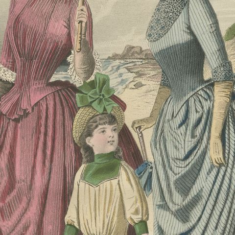 Antique French Fashion Plate, Seaside Ladies with Parasol & Child, c.1880, close-up 2