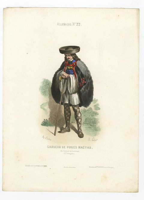 Old Original Antique Hand-Colored Print of a Magyar Pig Keeper in Germany, 1850, view 2