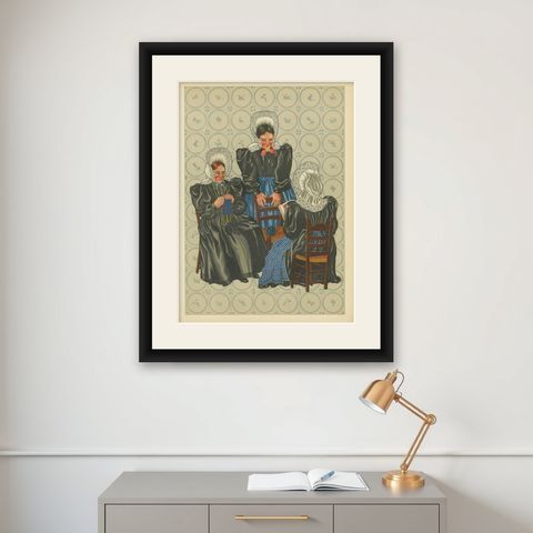Rare 1932 Dutch Print: Huizen Women's Modern Dress with Lace Caps & Aprons, shown framed on a wall