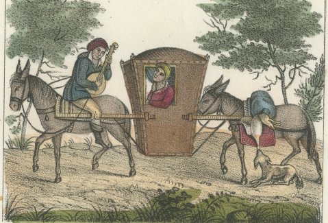 Portuguese Ox Cart and a Lady in a Palanquin, Hand Colored Lithograph, 1842, close-up 2