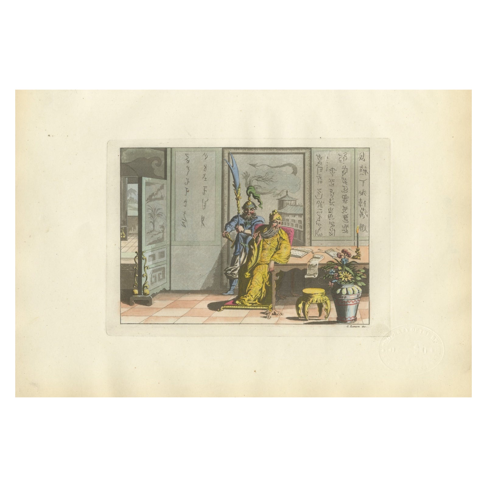 Chinese Interior Scene with Official and Guard, Ferrario Costume Series, 1815