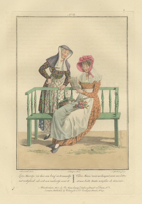 A Letter, Sweets and a Posy, Dutch Costume Print, Maaskamp, 1811