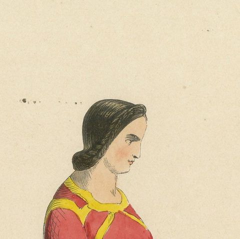 Renaissance Grace: A Lady's Attire in 'Costume du Moyen Âge', 1847, close-up 5