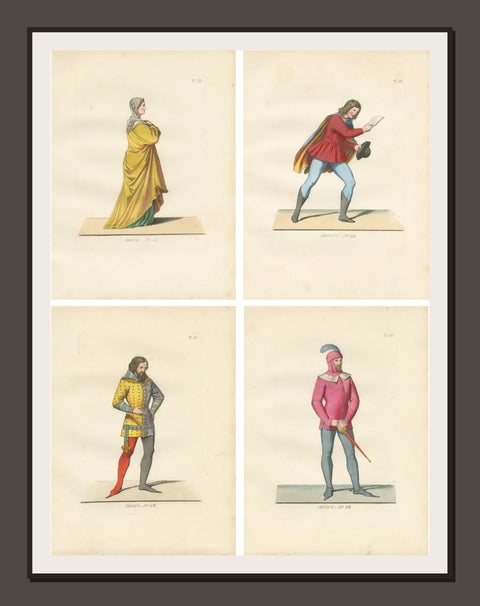 Set of Four Medieval Figures, Hand-Colored Costume Engravings, France 1845, view 8
