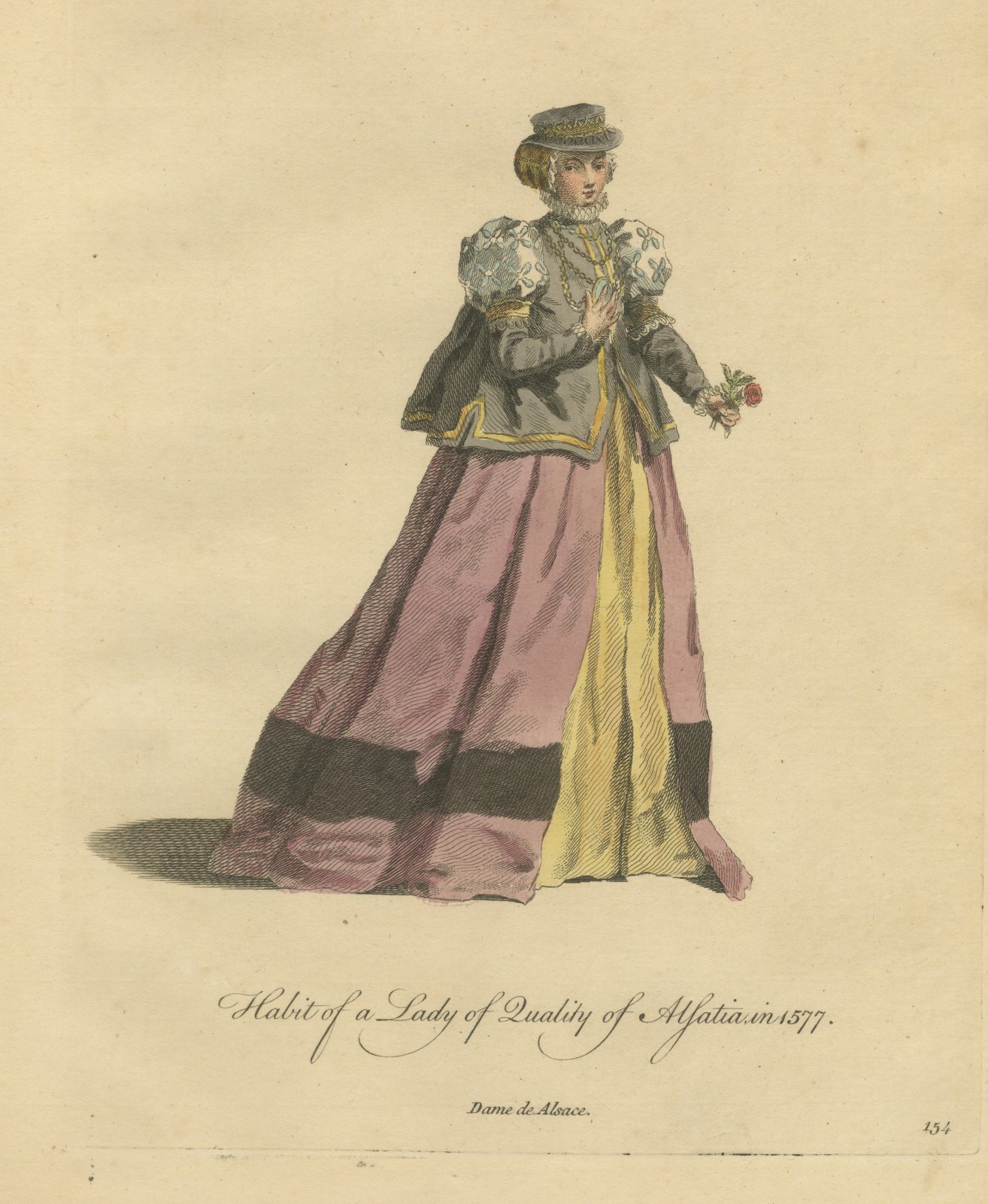 Lady of Quality of Alsace Holding a Rose, Costume of 1577, Jefferys 1757