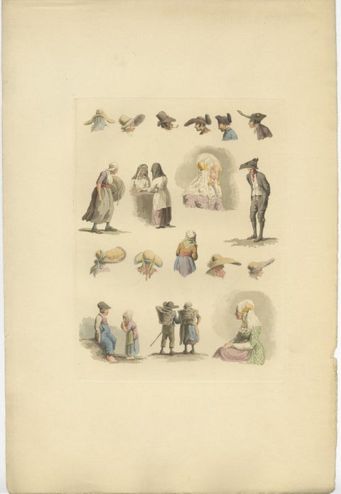 Hand-Colored Prints of Dutch and Flemish Costumes, Figures and Headwear, 1820, view 3