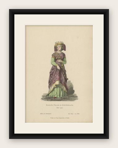 Antique Costume Print of a German Princess by Lipperheide, c.1880, shown framed