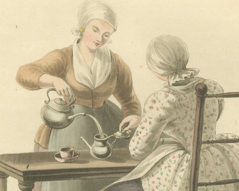 Women of Willemstad taking Tea, Antique Ackermann Print, 1817, close-up 1