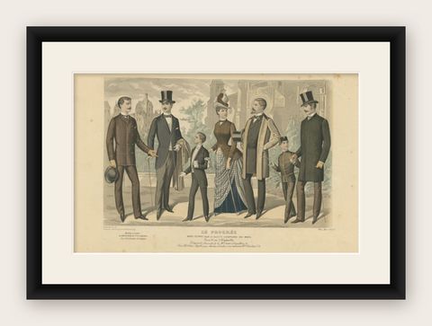 Antique Fashion Print of Gentlemen and Woman in France, 1887, shown framed