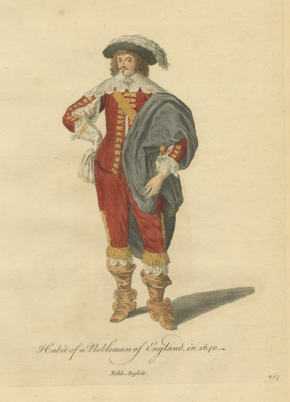 English Nobleman in 1640, Cavalier Dress with Plumed Hat, Jefferys Print, 1757