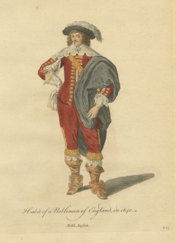 English Nobleman in 1640, Cavalier Dress with Plumed Hat, Jefferys Print, 1757