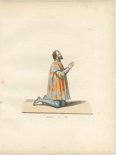 Heraldic Costumes c.1400, Antique 1845 Prints of Knight and Lady, Hand-Coloured, view 2