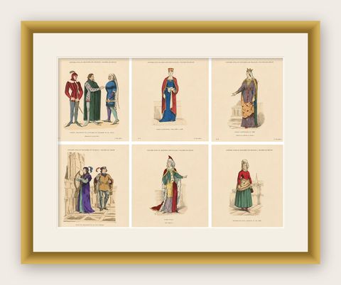 Set of Six Antique French Medieval Costume Prints by F. Roy, circa 1860, shown framed