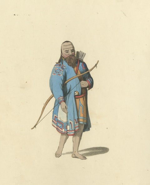 Hand-Colored Engraving of Aleutian and Kurilian Traditional Attire, 1814, close-up 4