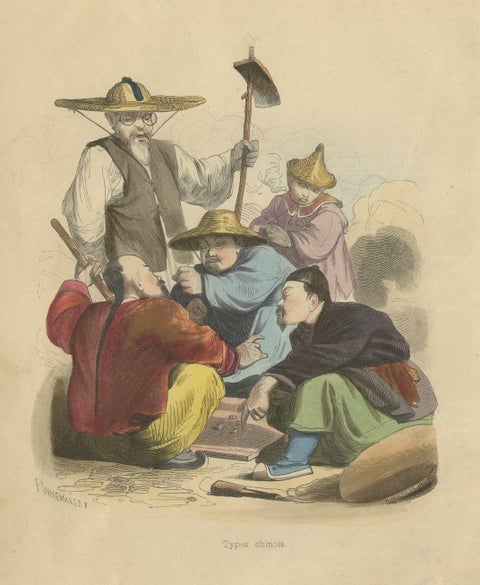 Antique Gambling Print of Chinese Men Playing a Game of Dice, 1843, close-up 1