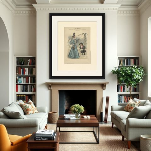 Pl. 3235 Antique Fashion Print of a Lady with a Child 'c.1895', shown framed in a room