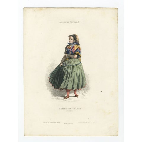 Antique Handcolored Print of a Female from Tolosa, Gipuzkoa, Basque, Spain, 1850, view 2