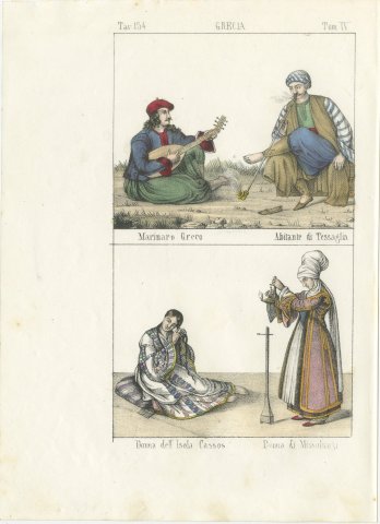 Greek Sailor, a Thessalian and Women of Kasos and Missolonghi, 1842, view 2