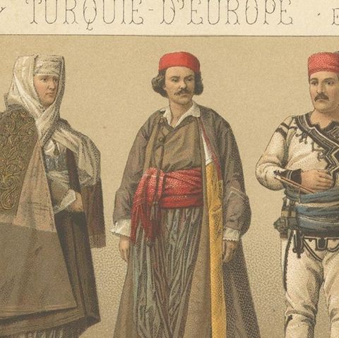 Pl. 76 Antique Print of European Turkish Costumes by Racinet, 'circa 1880', close-up 1