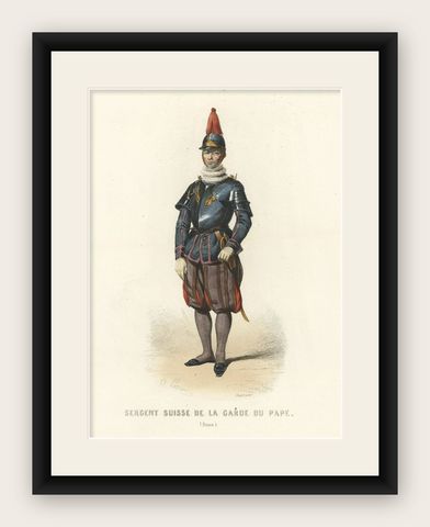 Antique Print of a Swiss Guard for the Pope in The Vatican, 1850, shown framed