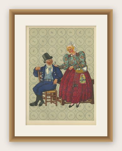 Dutch Couple in Hoorn Traditional Dress, Early 19th Century Folk Costume, shown framed
