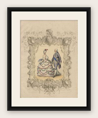 Louis XV & Madame de Pompadour Rococo Court Costume Lithograph, 1847, shown framed