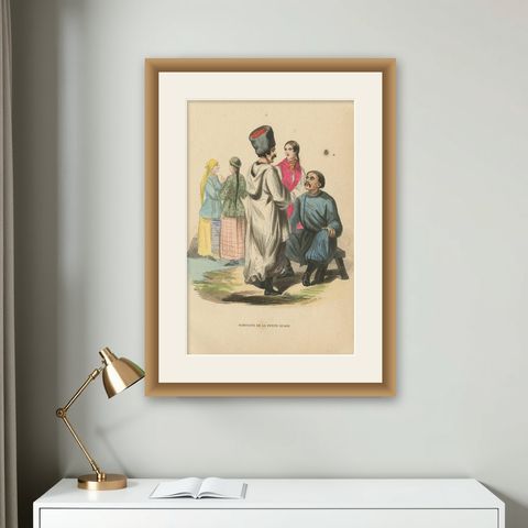 Antique Costume Print of Inhabitants of Little Russia by Wahlen, 1843, shown framed on a wall