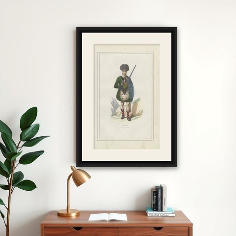 Antique Costume Print of Scottish Clan Chief in Highland Dress, 1854, shown framed on a wall