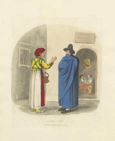 Costume Print: Traditional Dress of Rome, 1820 Hand-Colored Engraving, close-up 5