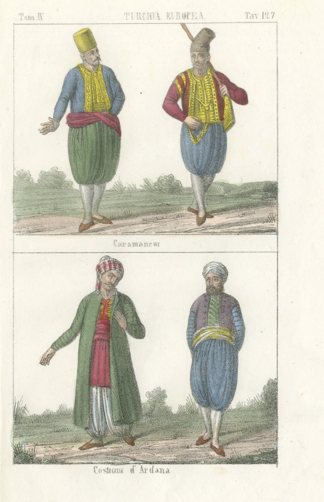 Men of Karaman and Costume of Ardana, Hand Colored Lithograph, 1842