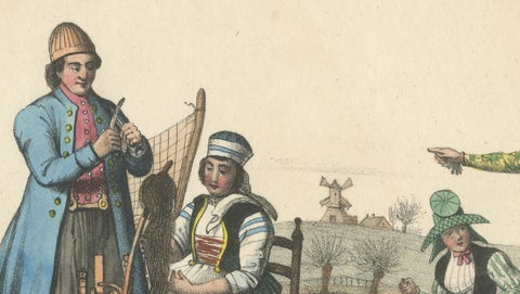 Frisian Fisherman & Winter Costume Scene, Dutch Costume Lithograph, c.1840, close-up 2
