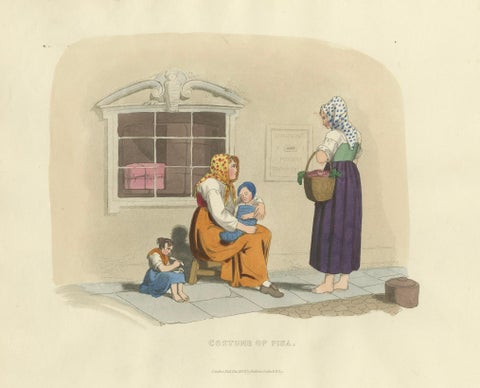 Costume Print: Women and Children in Pisa, 1820s Hand-Colored Engraving, close-up 5