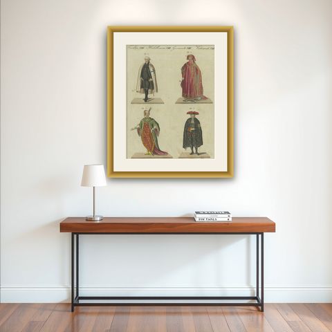 18th-Century Aristocratic and Ceremonial Attire: Handcolored Engraving of 1805, shown framed on a wall