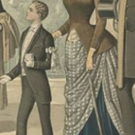Antique Fashion Print of Gentlemen and Woman in France, 1887, close-up 1